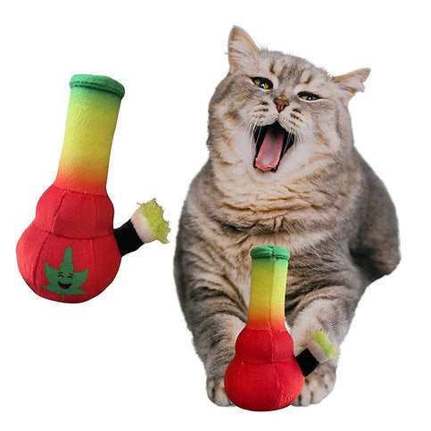 Lil' Bo da Bong is a cute Rasta color toy bong for cats. He is a mini version of our popular Bo dog toy. Lil' Bo is approximately 5" high and has catnip built-in. He is great for light play and funny pictures of your cat with his own bong.